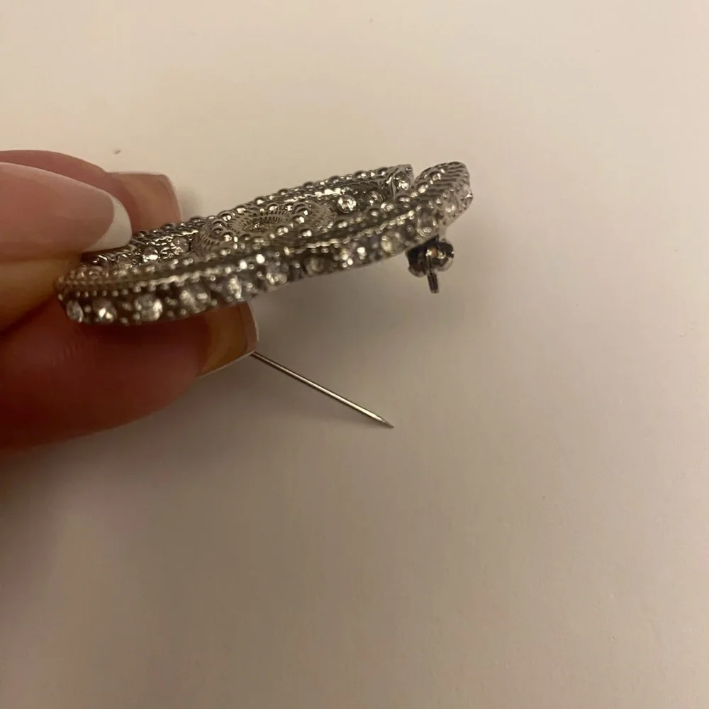 CHANEL Classic Textured Crystal Interlocking CC Logo Brooch Pin